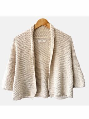 LOFT Cream Chunky Knit Glitter Cardigan M Open Front 3/4 Sleeve Neutral Sweater